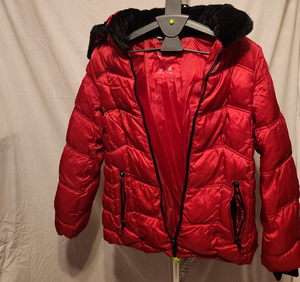 Nautica Red Puffer Jacket with Faux Fur Hood